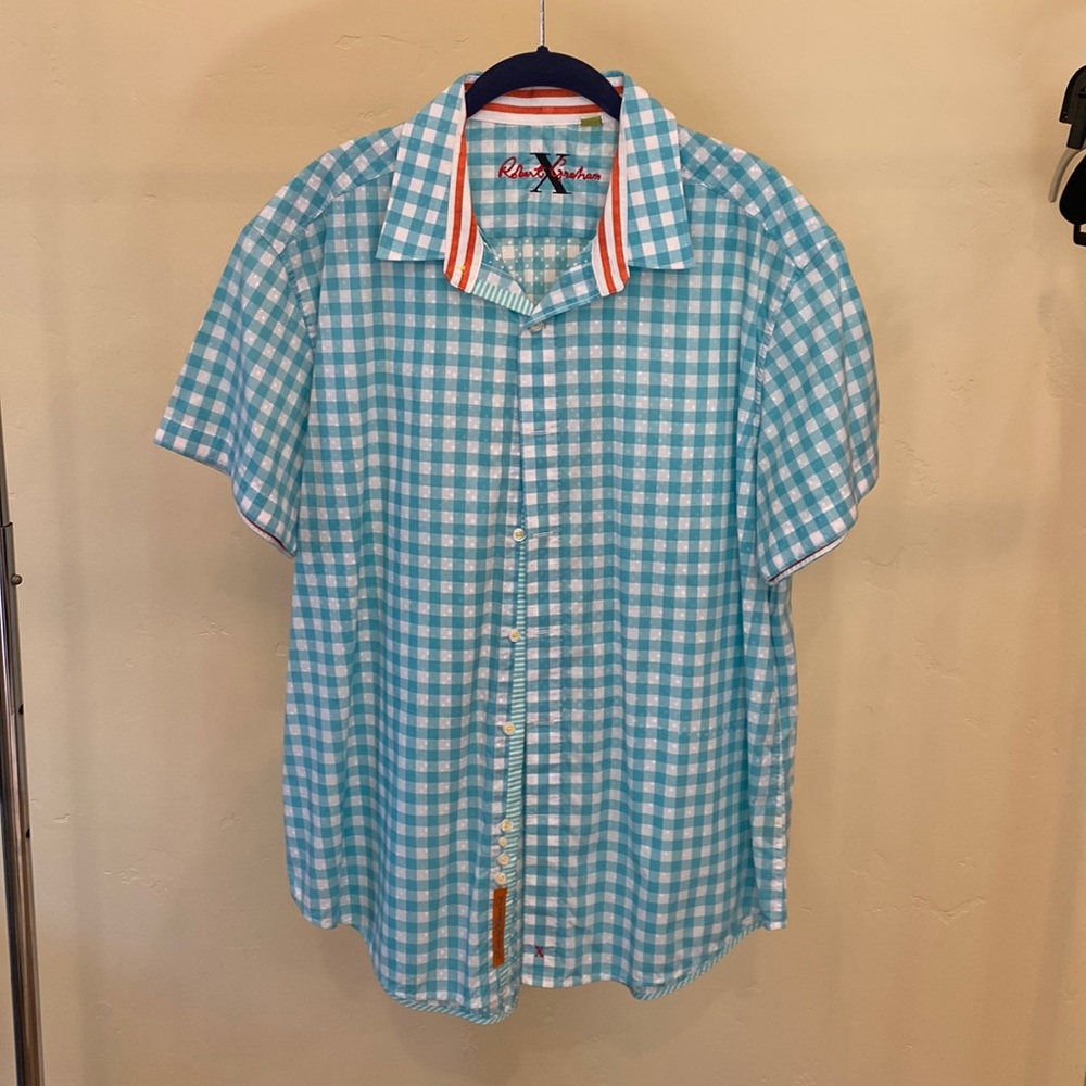 Teal & white checkered Robert Graham buttoned down shirt, tailored for, 2XL
